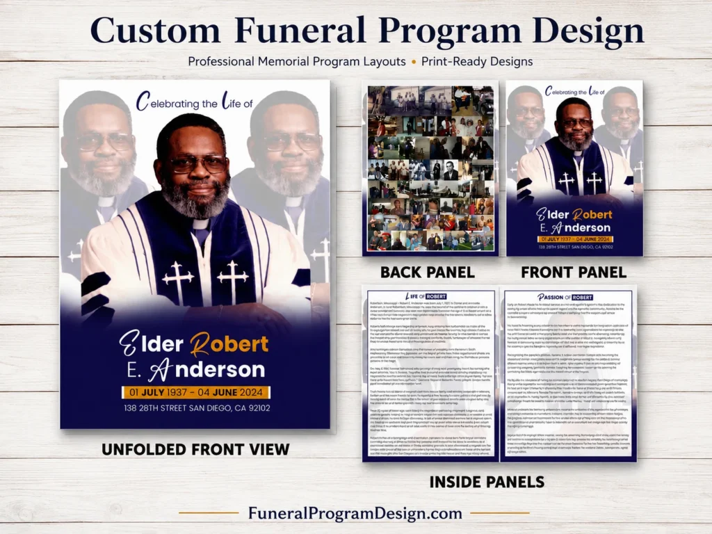 Custom funeral program, trifold memorial brochure, memorial poster, booklet pages and family photo collage displayed together.