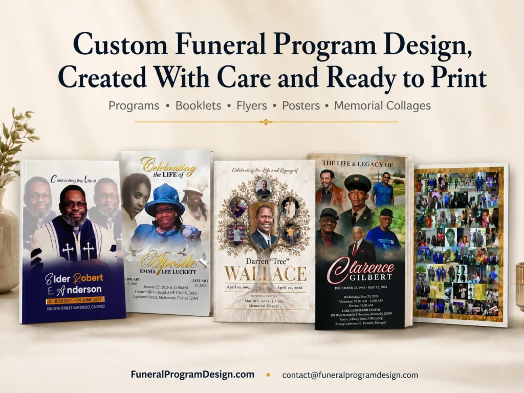 Custom funeral programs, memorial booklets, celebration of life designs and a family photo collage displayed together.