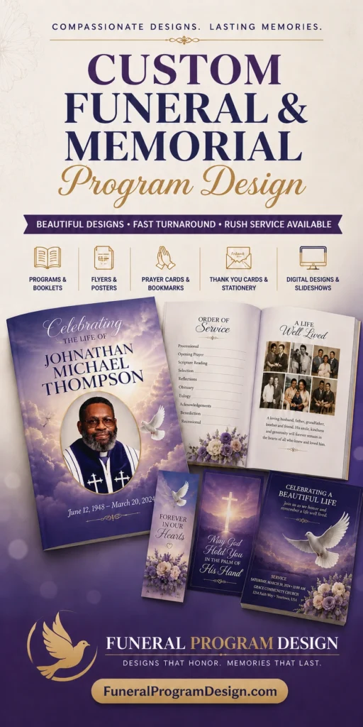 Custom funeral and memorial program design with booklets, prayer cards, bookmarks, announcements and digital tribute services.