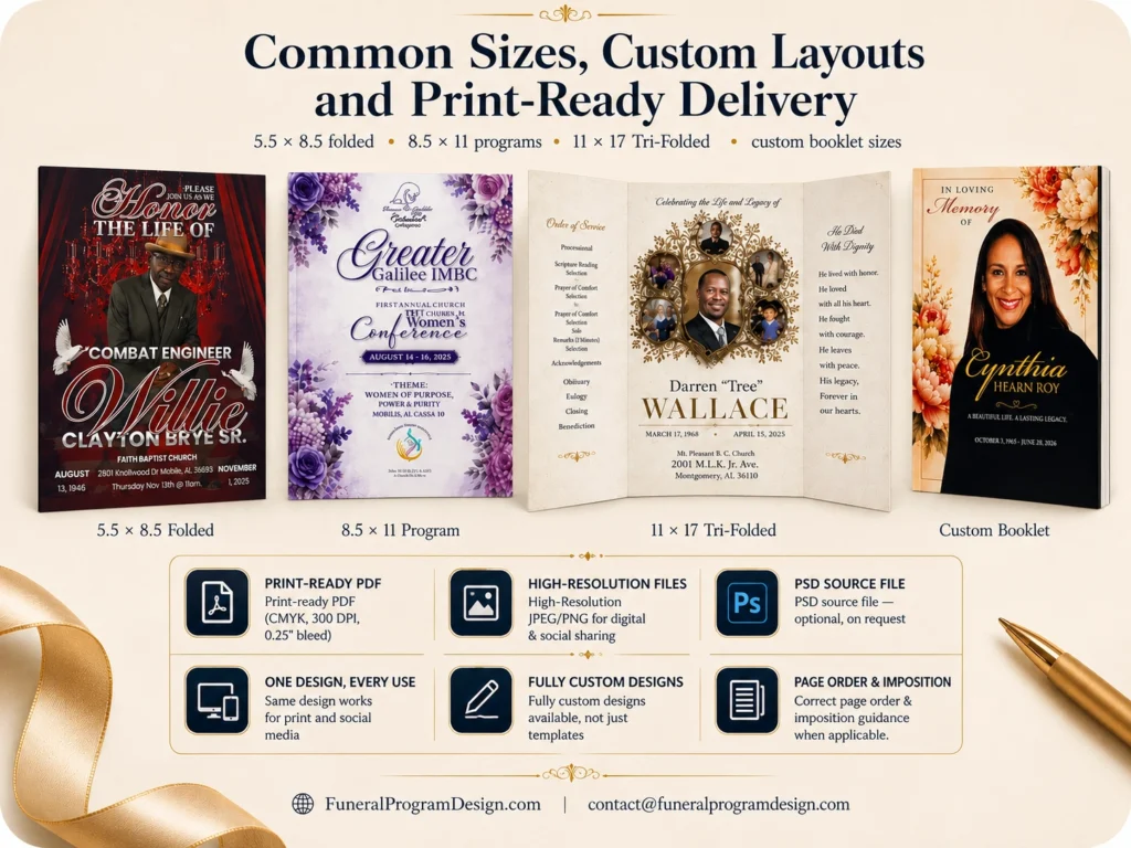 Custom funeral program designs showing 5.5 × 8.5 folded, 8.5 × 11, 11 × 17 trifold and custom memorial booklet formats.