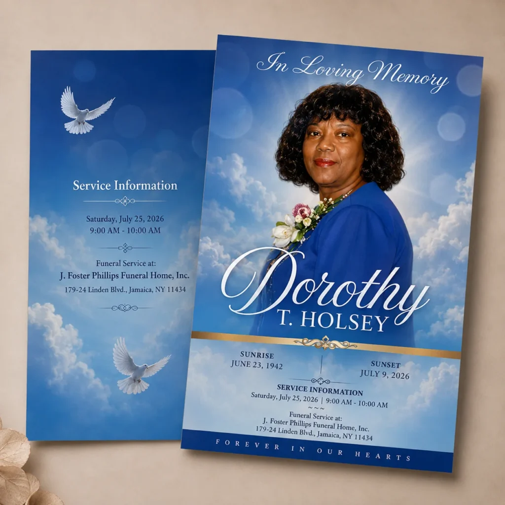 Custom blue funeral program showing front and back memorial designs with a portrait, service details and dove artwork.