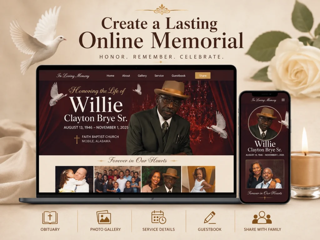 Custom online memorial website displayed on desktop and mobile screens with an obituary, photo gallery, service details, guestbook and family tribute sections.