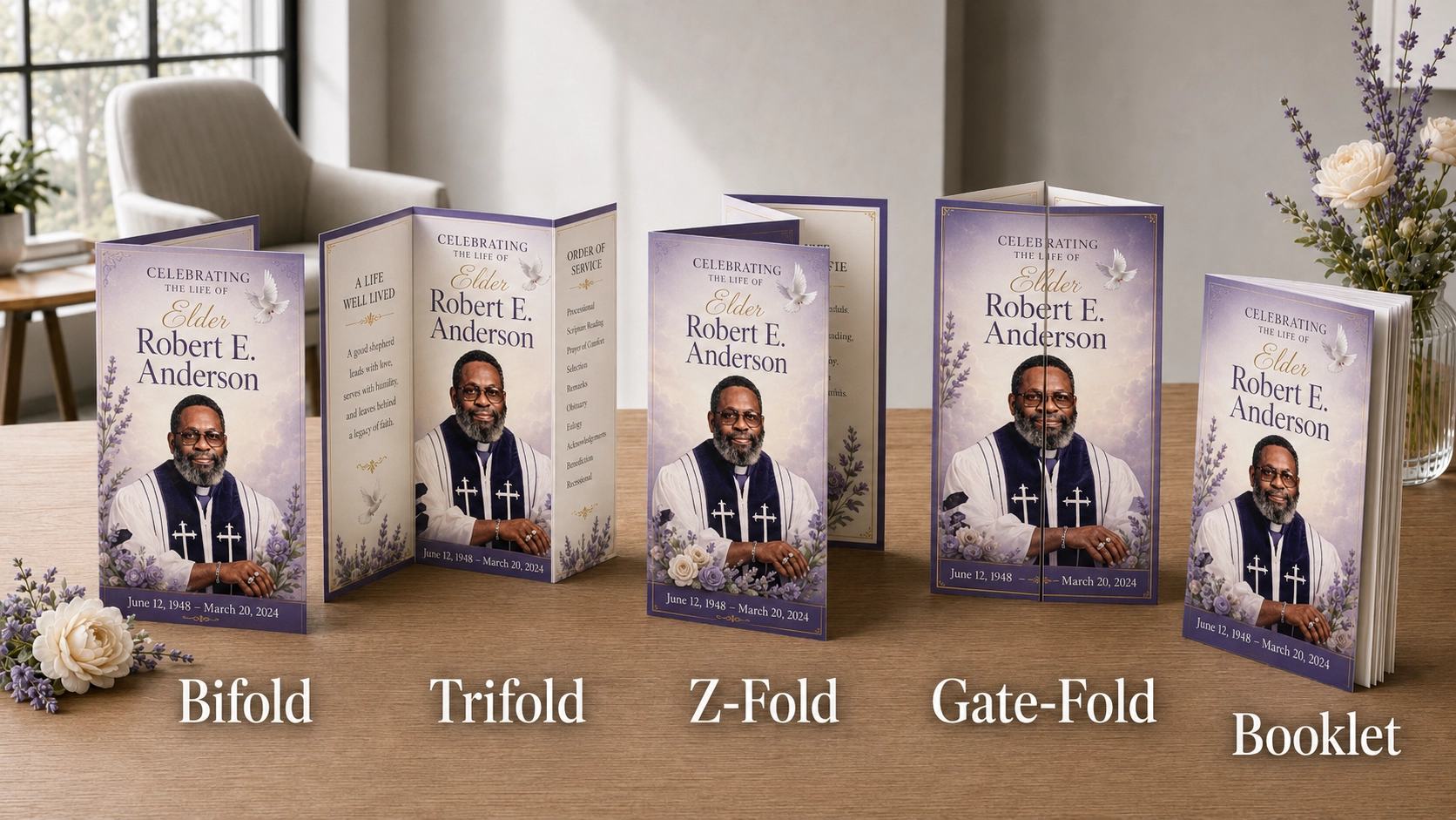 Bifold, trifold, Z-fold, gatefold and booklet funeral program design formats displayed on a table.