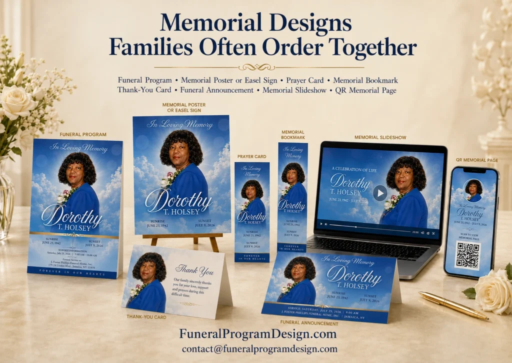 Coordinated memorial design package with a funeral program, easel poster, prayer card, bookmark, thank-you card, announcement, slideshow and QR memorial page.