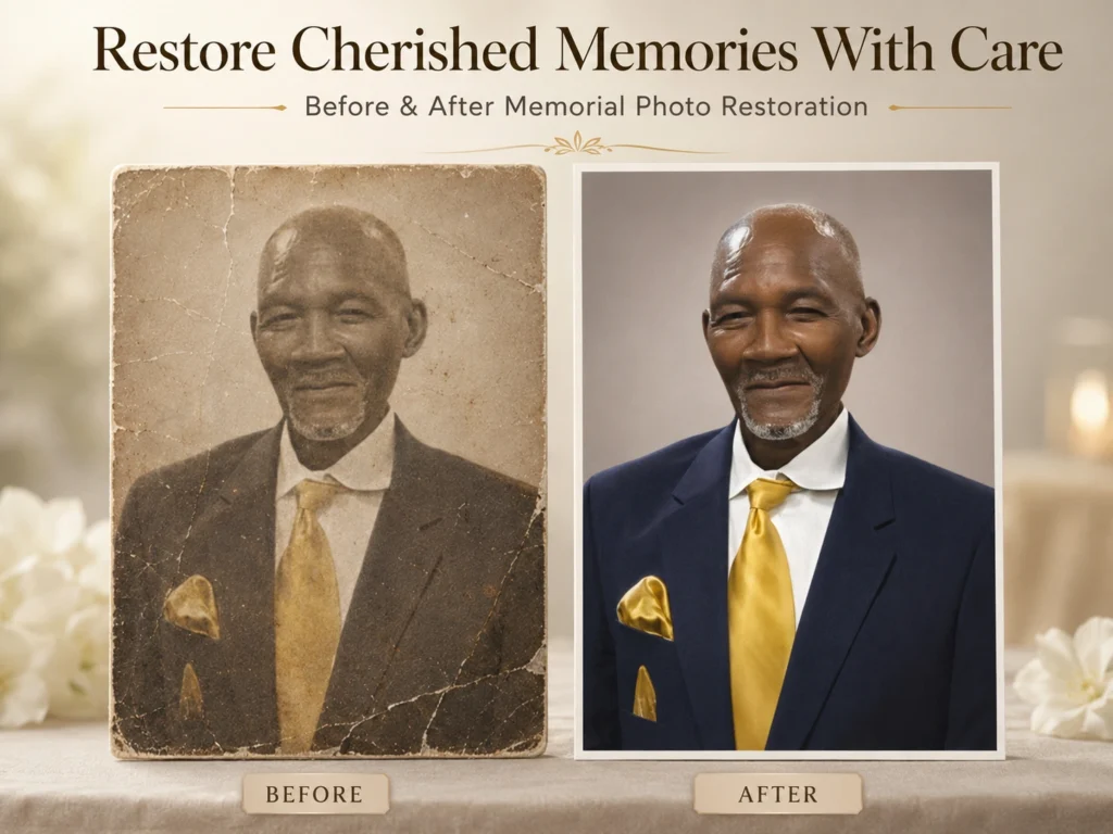 Before-and-after restoration of an old damaged portrait with scratches, fading and photo damage repaired while preserving the natural facial features.