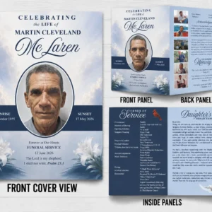 Blue Floral Funeral Program with memorial photos, obituary and Order of Service