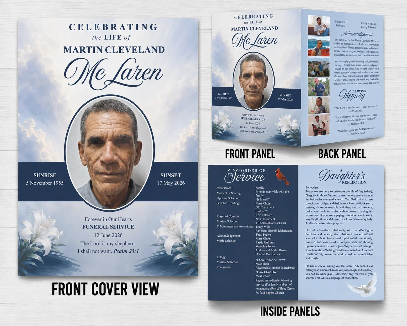 Blue Floral Funeral Program with memorial photos, obituary and Order of Service