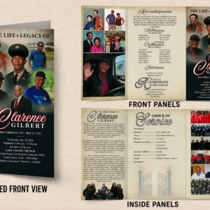 Veteran Funeral Brochure with black and beige design, memorial photos, Order of Service and military tribute details