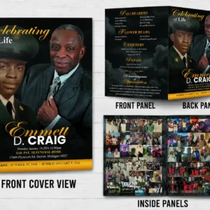 Military Funeral Program with black and gold design, memorial photos, Order of Service and veteran tribute details