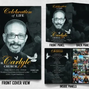 Black and gold 4-page funeral program design featuring a memorial portrait, order of service and family photo collage