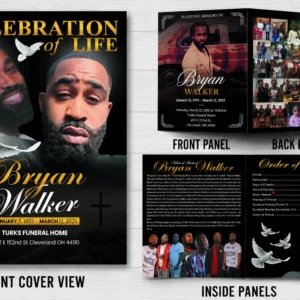 Memorial Funeral Program with black and gold design, memorial photos, obituary and Order of Service