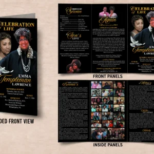Trifold Memorial Brochure with black and gold design, memorial photos and Order of Service