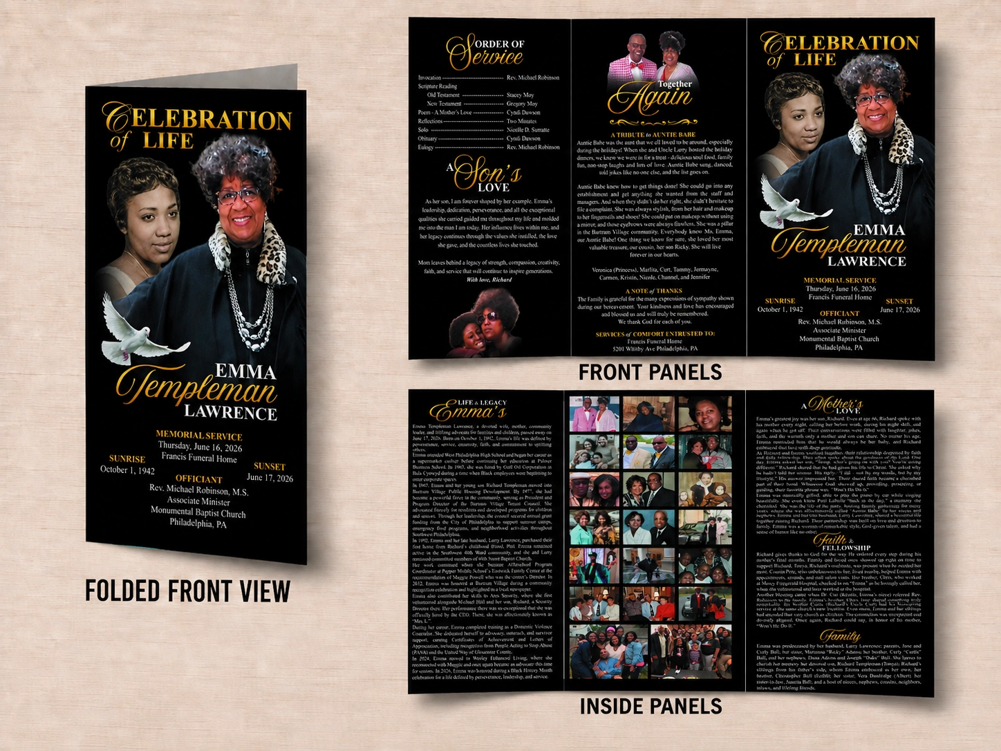 Trifold Memorial Brochure with black and gold design, memorial photos and Order of Service