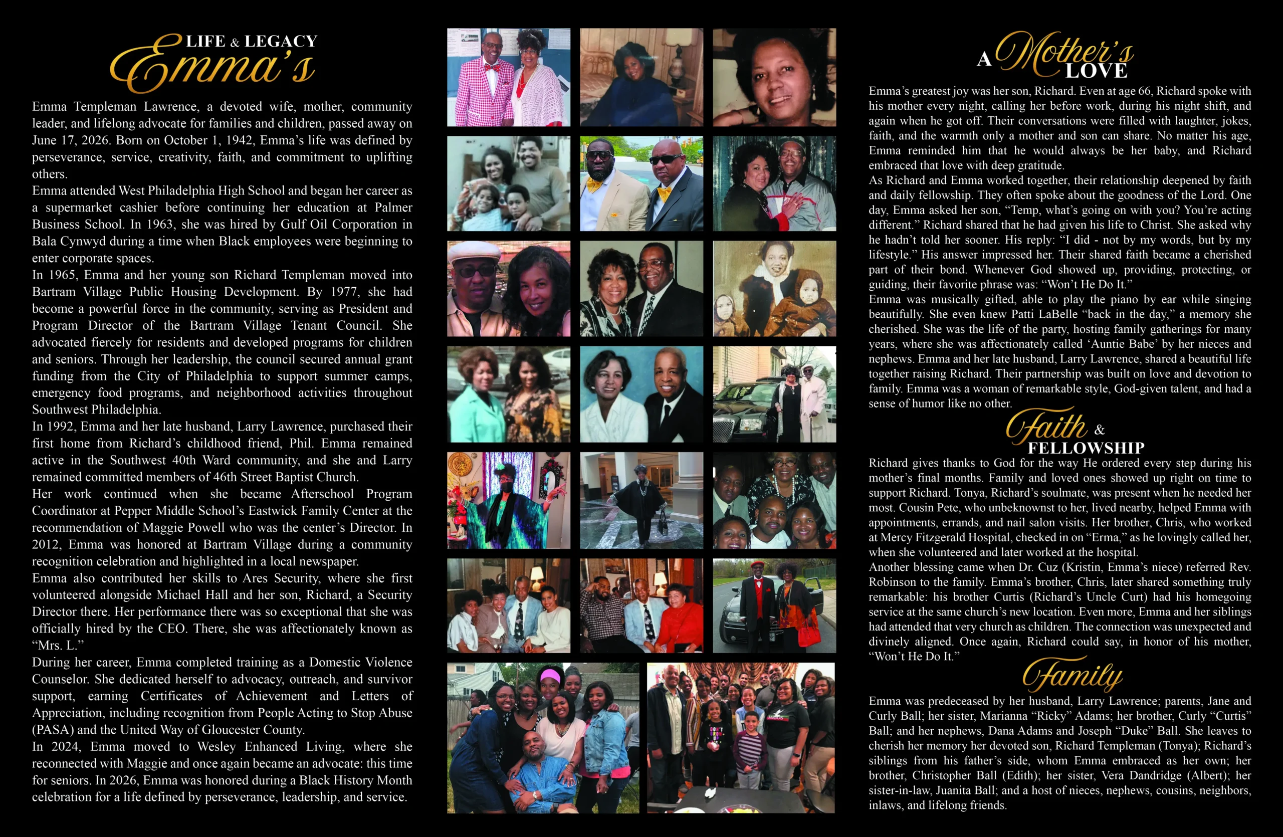 Black and gold trifold memorial brochure inside panels with life and legacy story, family photo collage, and mother tribute