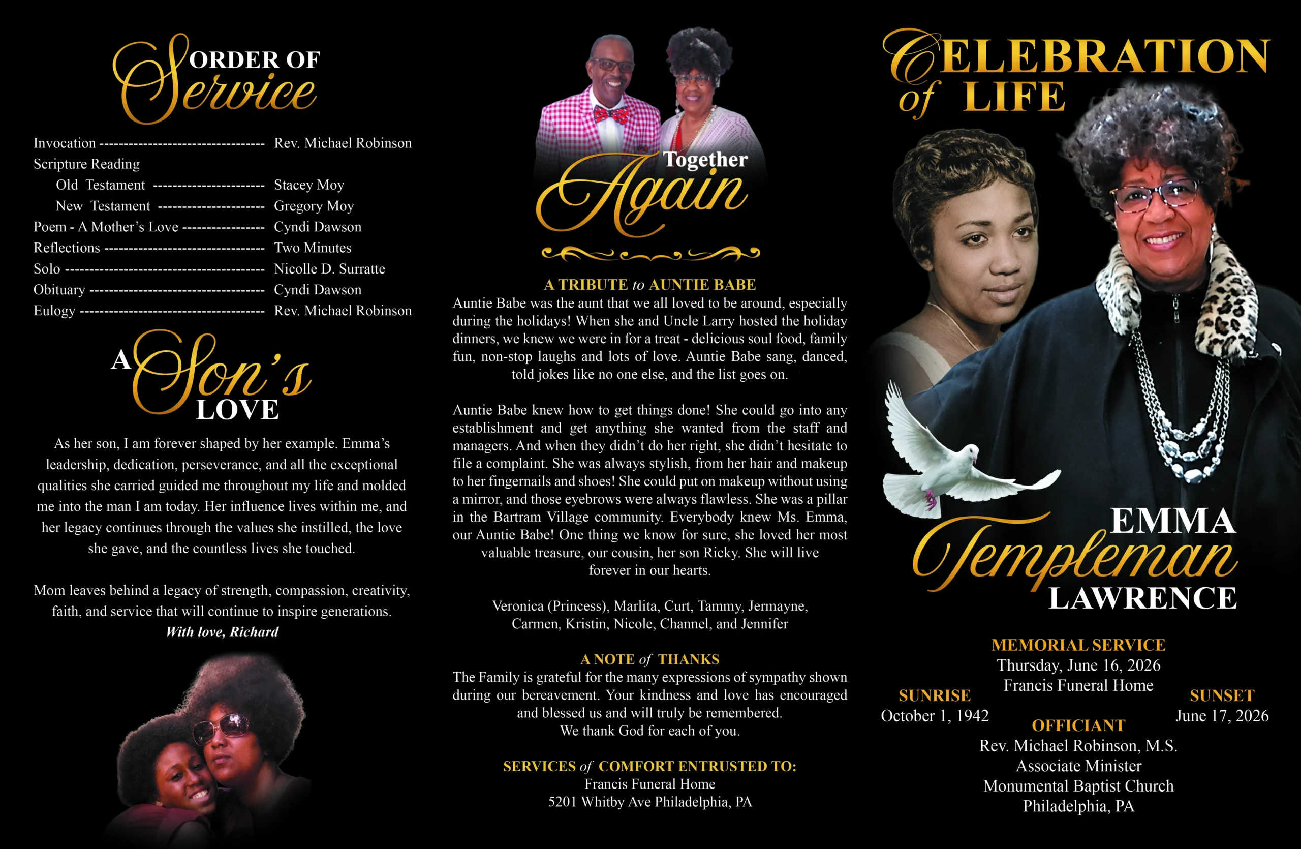 Black and gold trifold memorial brochure outside panels with celebration of life cover, order of service, acknowledgements, and tribute