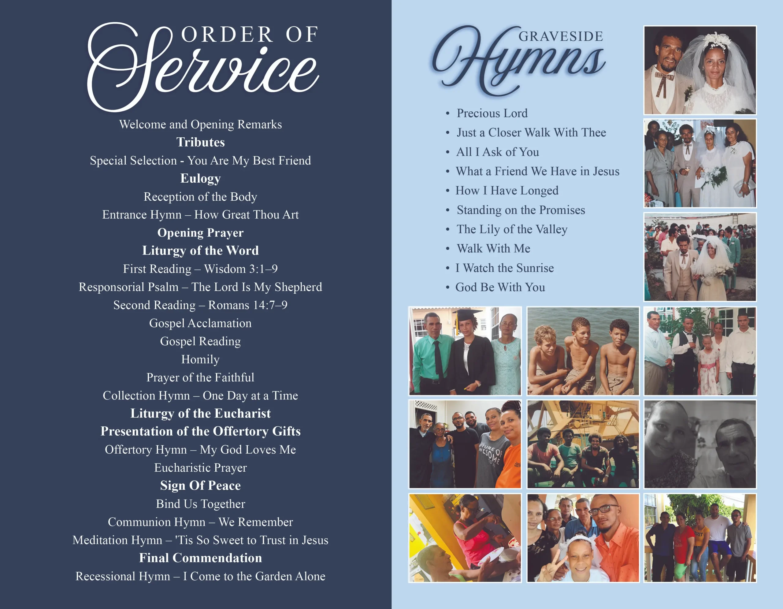Custom 4-page funeral program inside panels featuring order of service, graveside hymns and memorial photo collage