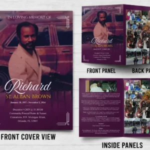 Burgundy Funeral Program with memorial photos, obituary, Order of Service and family memories