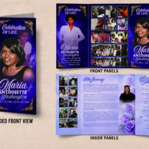 Celebration of Life Trifold Brochure with royal blue design, memorial photos and Order of Service