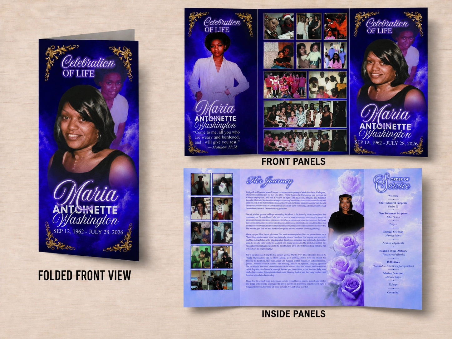 Celebration of Life Trifold Brochure with royal blue design, memorial photos and Order of Service