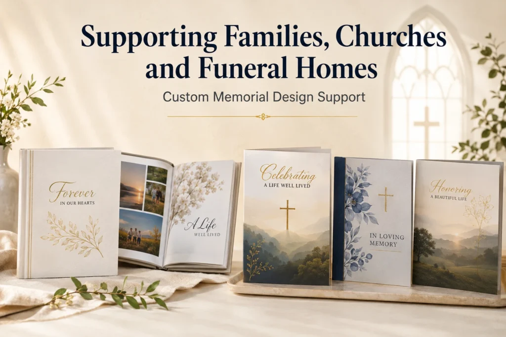 Custom funeral program design services supporting families, churches, and funeral homes with personalized memorial materials