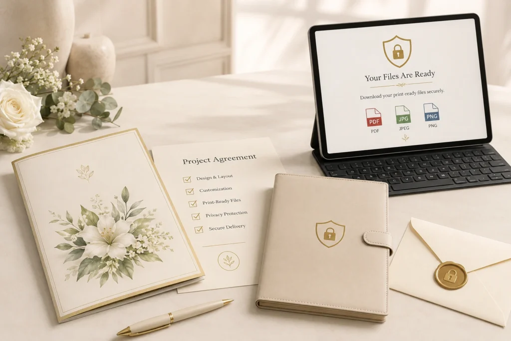 Clear funeral program design project terms and confidential handling of client photos, information and memorial details