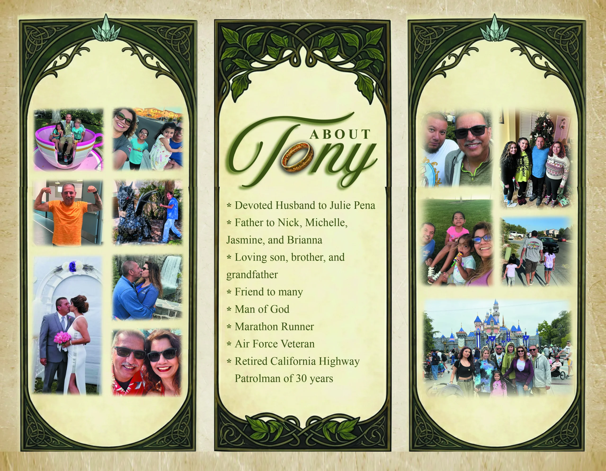 Green and beige trifold funeral brochure inside panels with life story, family memories, and memorial photo collages