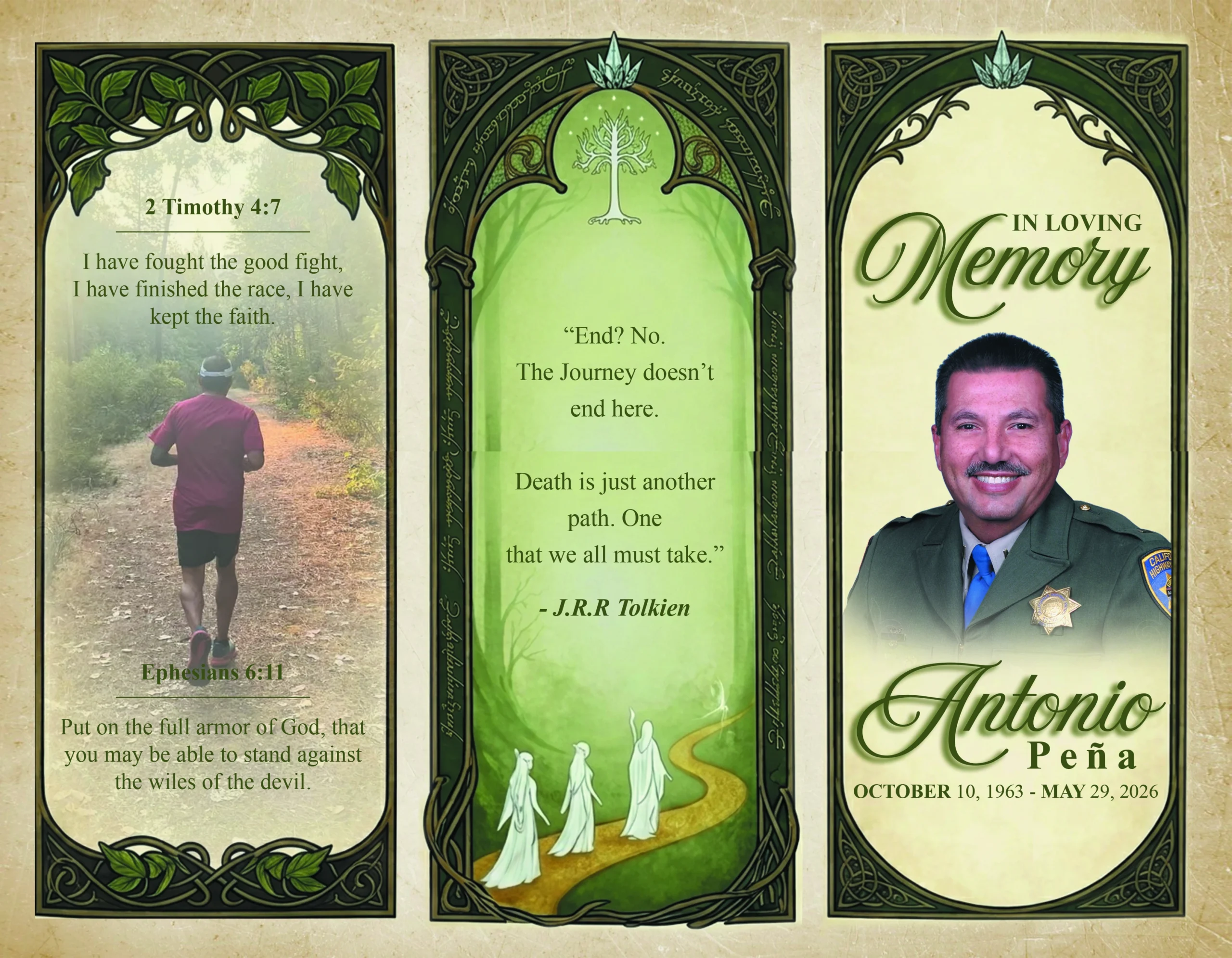 Green and beige trifold funeral brochure outside panels with memorial portrait, scripture, and inspirational remembrance design