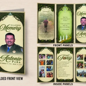 Memorial Funeral Brochure with green and beige design, botanical borders, memorial photos and scriptures
