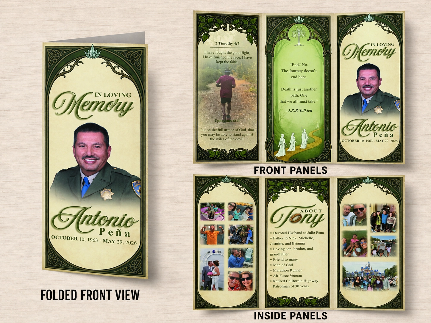 Memorial Funeral Brochure with green and beige design, botanical borders, memorial photos and scriptures