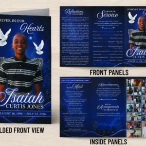 Trifold Funeral Brochure with heavenly blue design, memorial photos, obituary and Order of Service