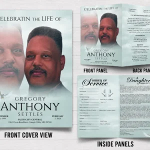 Heavenly Funeral Program with sky blue clouds, memorial photos, obituary and Order of Service