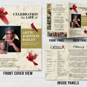 Cardinal Funeral Program with ivory and rose design, memorial photos, obituary and Order of Service