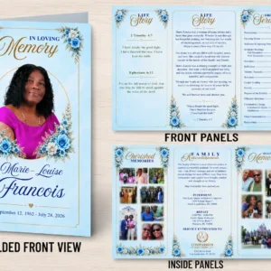 Floral Funeral Brochure with light blue design, memorial photos, Order of Service and floral details