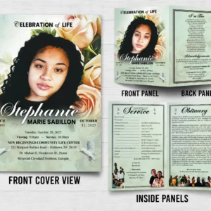 Floral Memorial Program with mint design, memorial photos, Order of Service and family memories