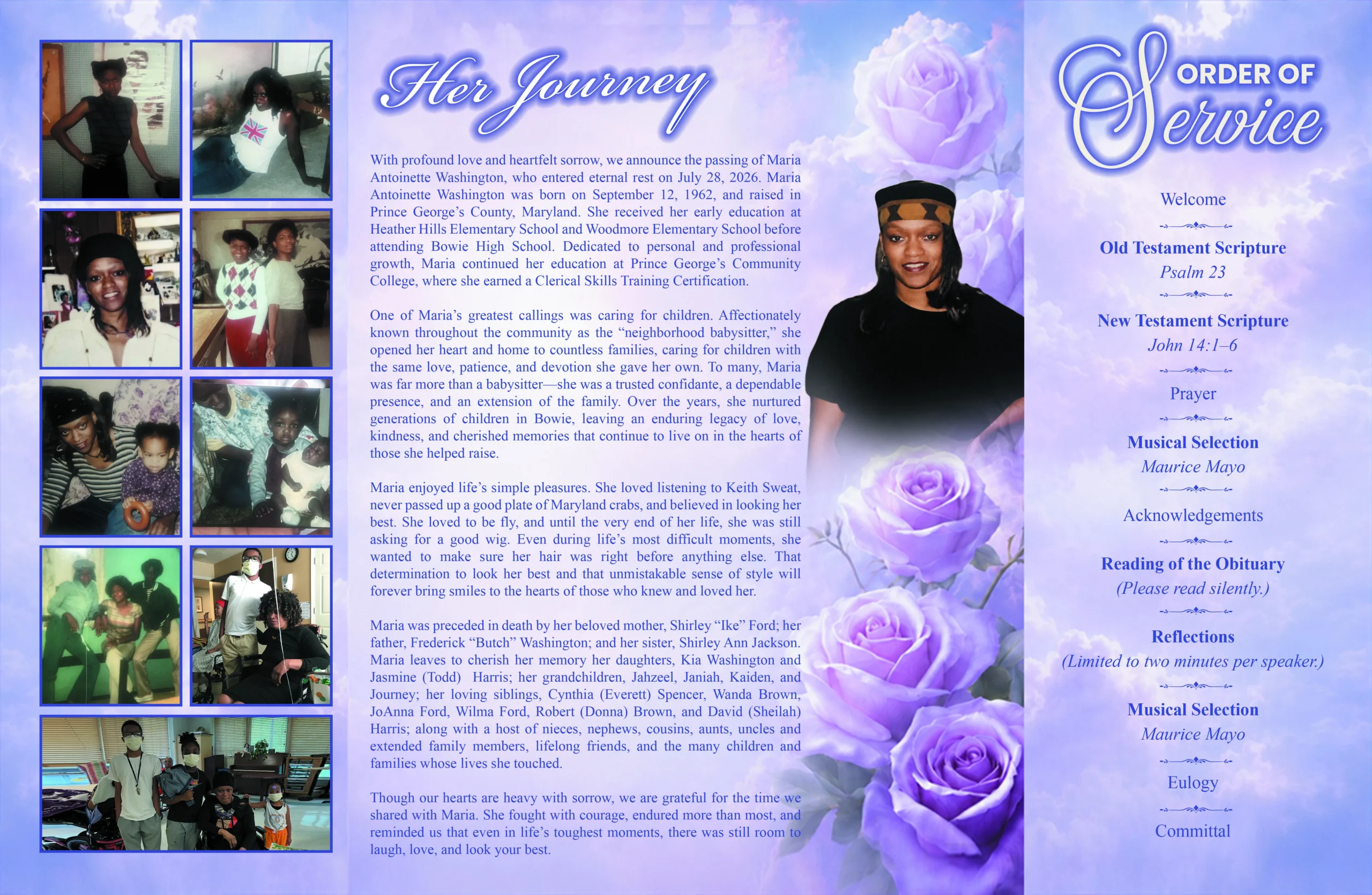 Royal blue trifold memorial brochure inside panels with life journey, family photos, purple roses, and order of service