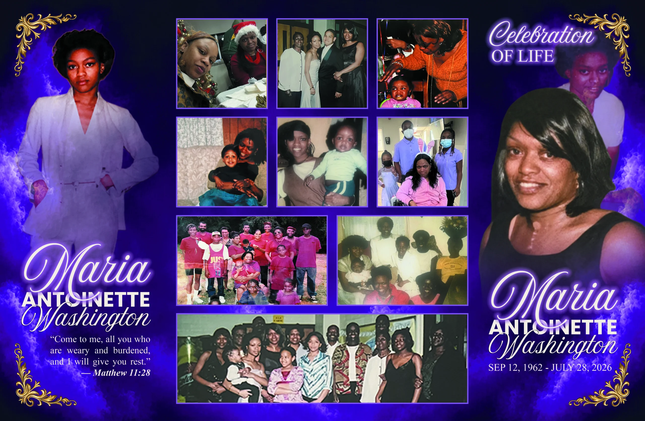 Royal blue celebration of life trifold brochure outside panels with memorial portraits and family photo collage