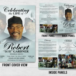 Gray Funeral Program with soft gray design, memorial photos, obituary and Order of Service