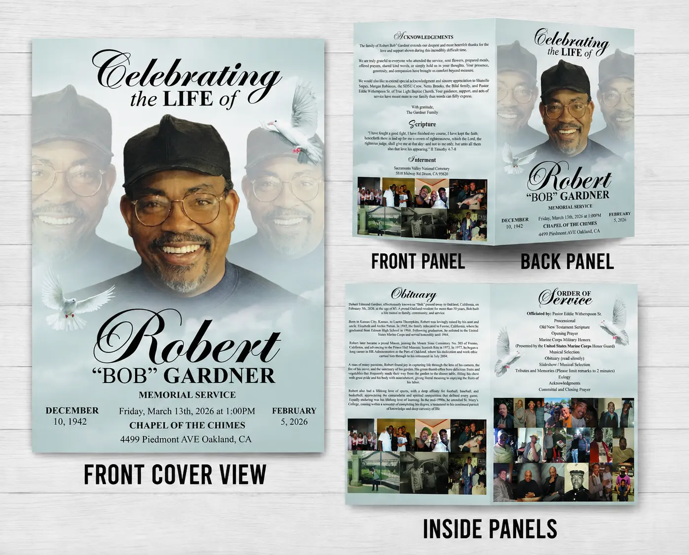 Gray Funeral Program with soft gray design, memorial photos, obituary and Order of Service
