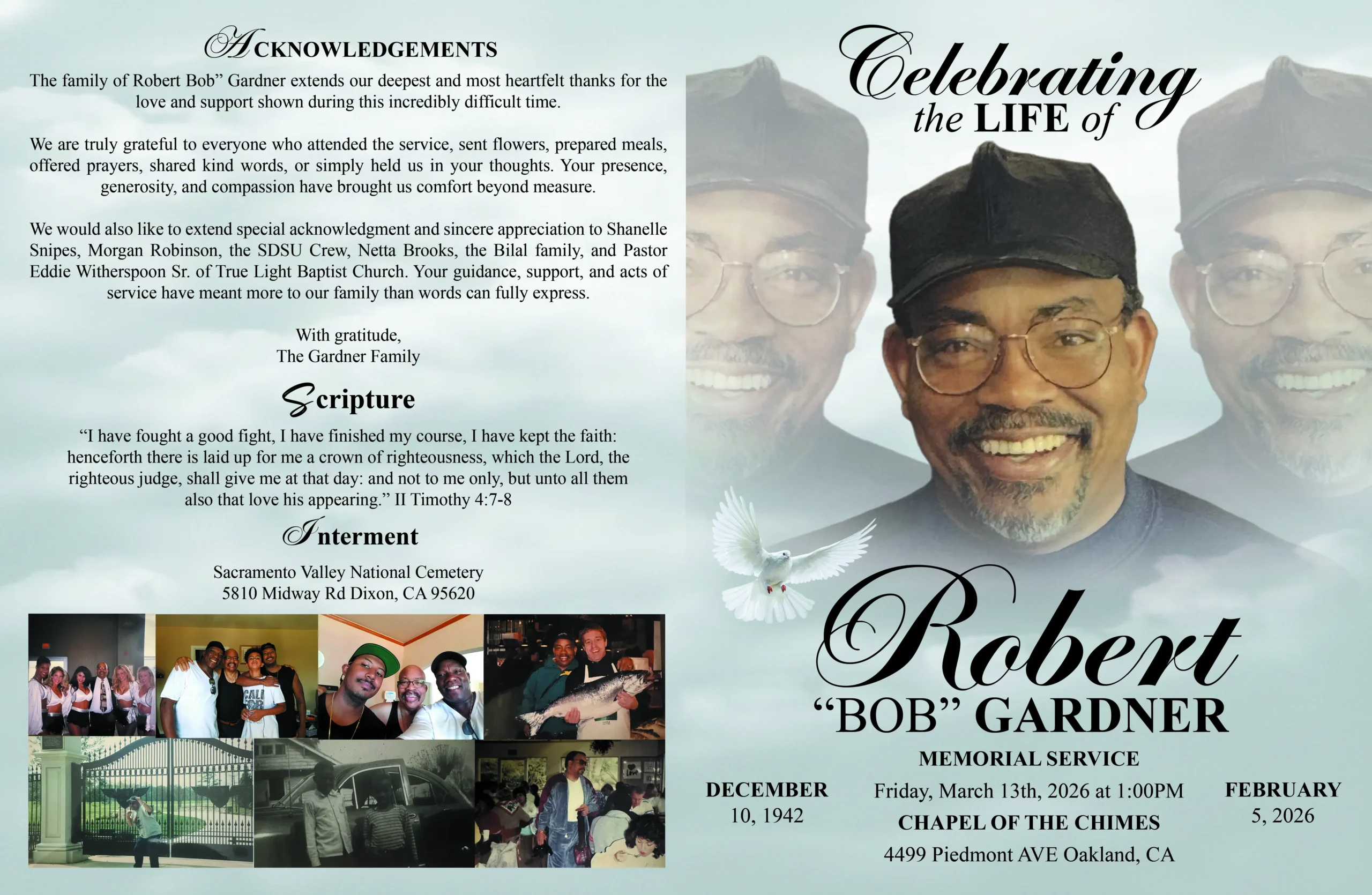 Soft gray funeral program front and back panels with memorial portrait, acknowledgements, scripture, and family photos