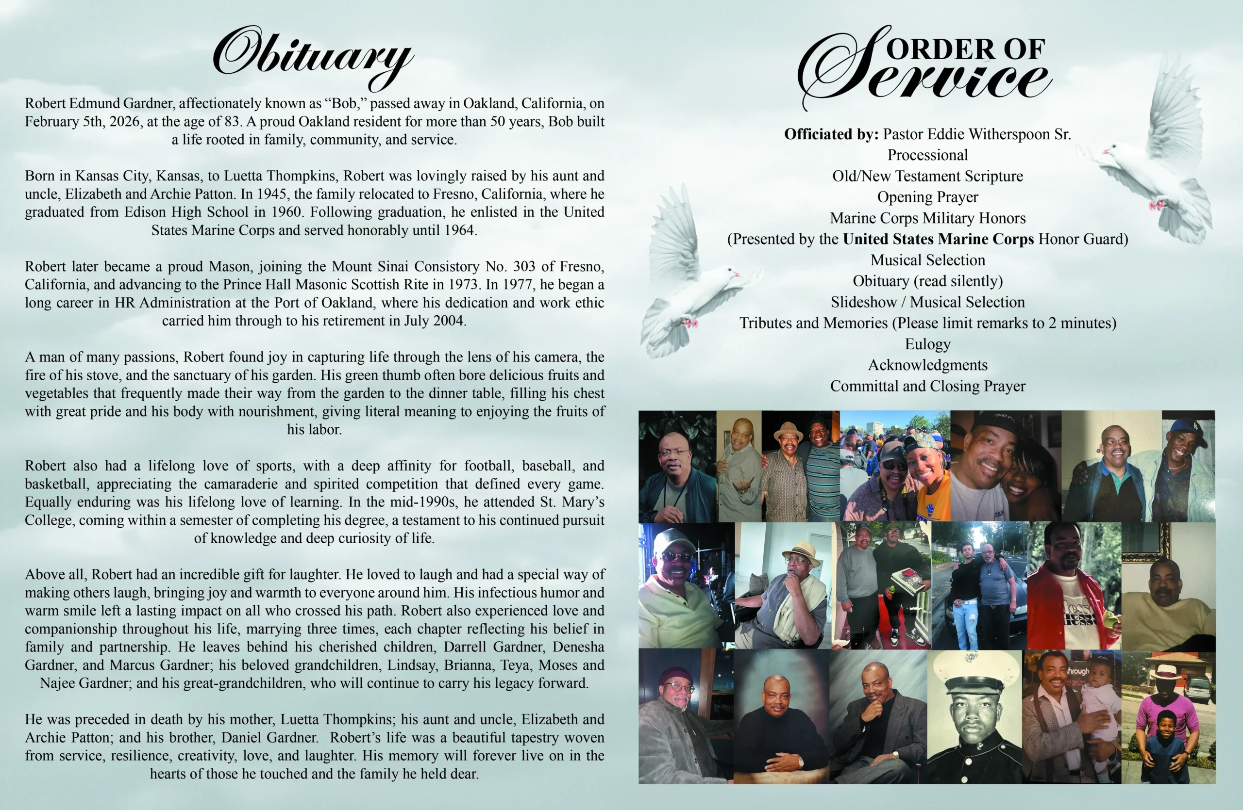Soft gray funeral program inside panels with obituary, Order of Service, white doves, and family photo collage