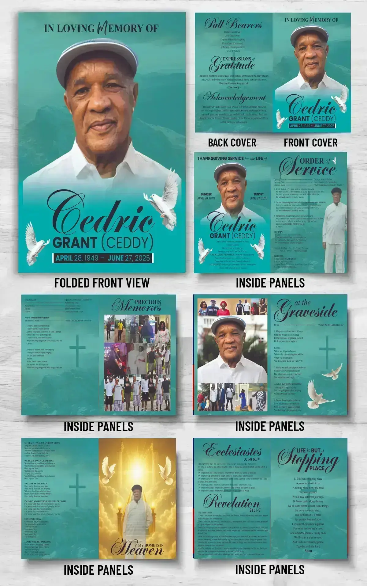 12 Page Funeral Program Booklet with obituary, Order of Service, family photos, scriptures and memorial tribute pages