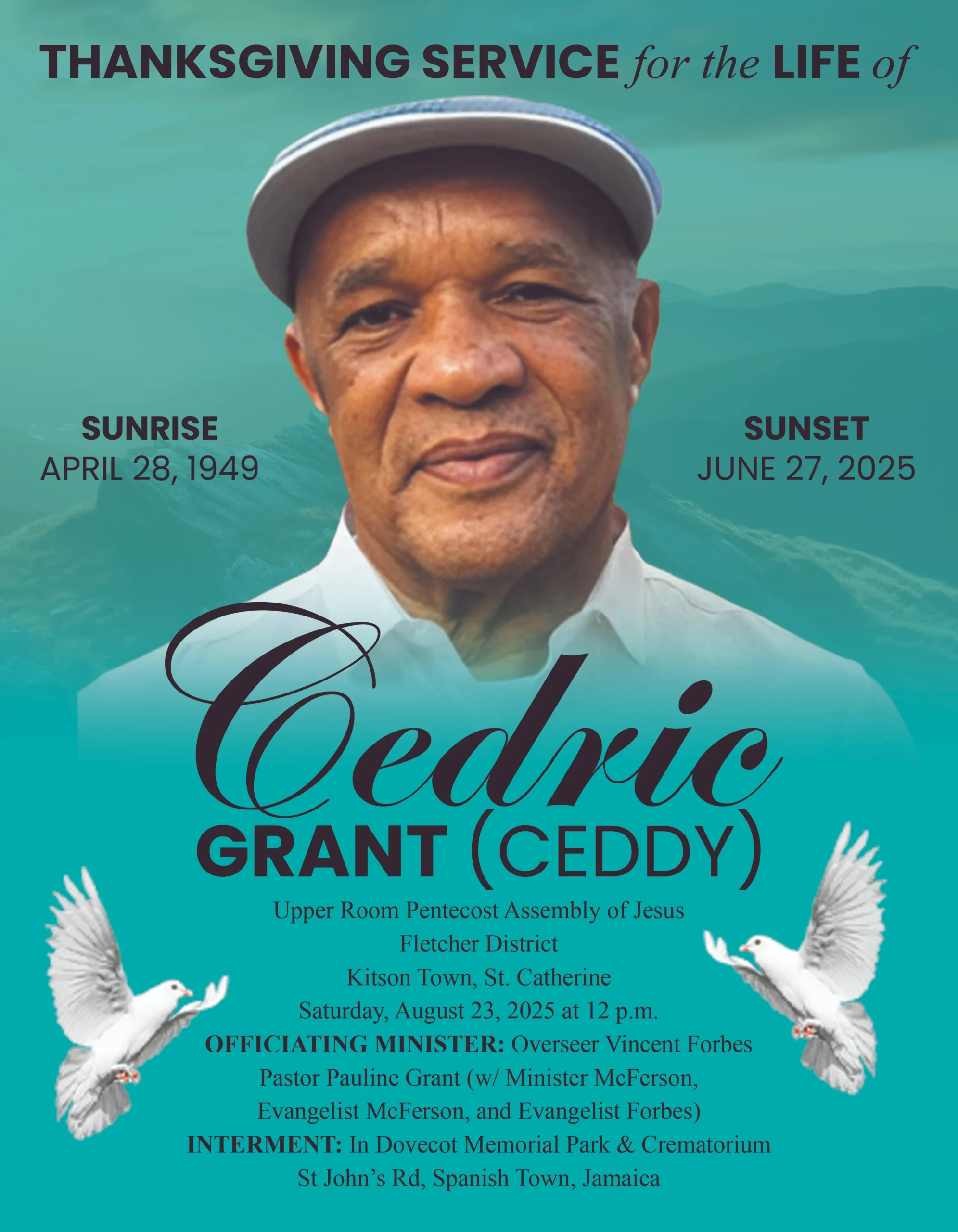 12 Page Funeral Program cover with personalized memorial portrait, remembrance dates and service details