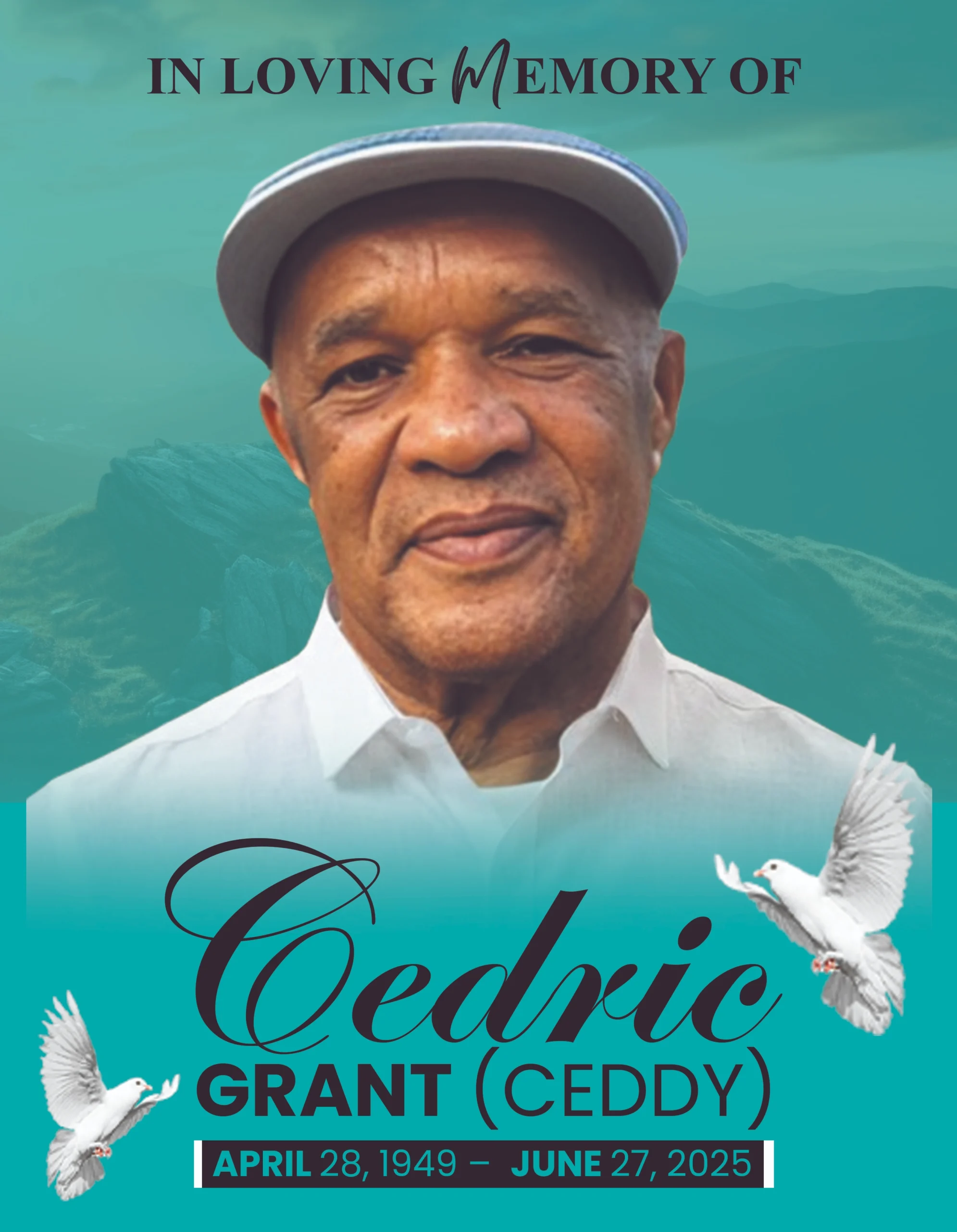 12 Page Funeral Program cover with personalized memorial portrait, remembrance dates and service details
