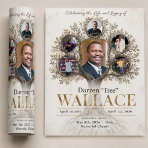 Homegoing Celebration Flyer with beige and gold family tree, memorial portraits and service details