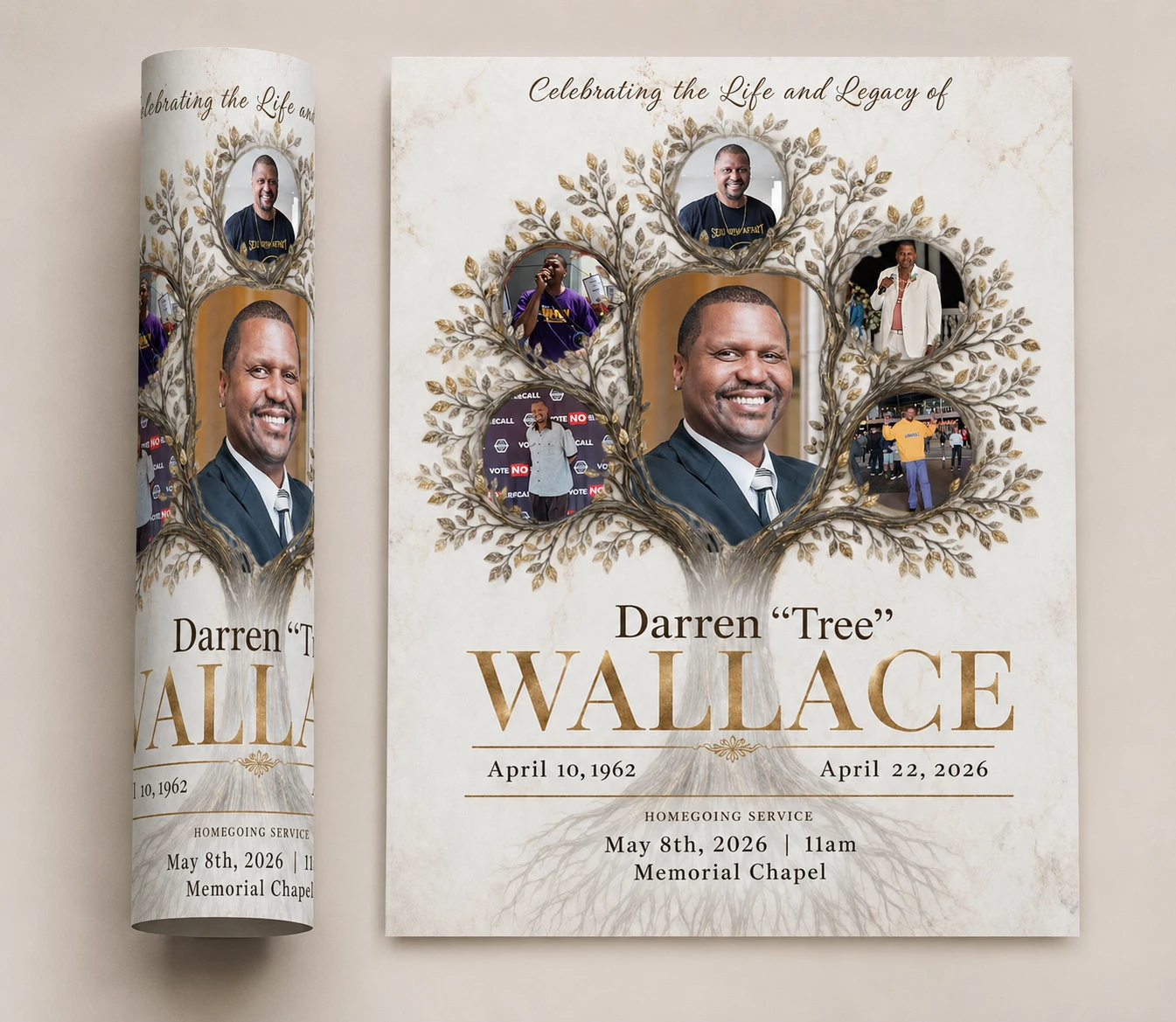 Homegoing Celebration Flyer with beige and gold family tree, memorial portraits and service details