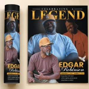 Celebrating a Legend Flyer with black and gold memorial design, multiple portraits and service details