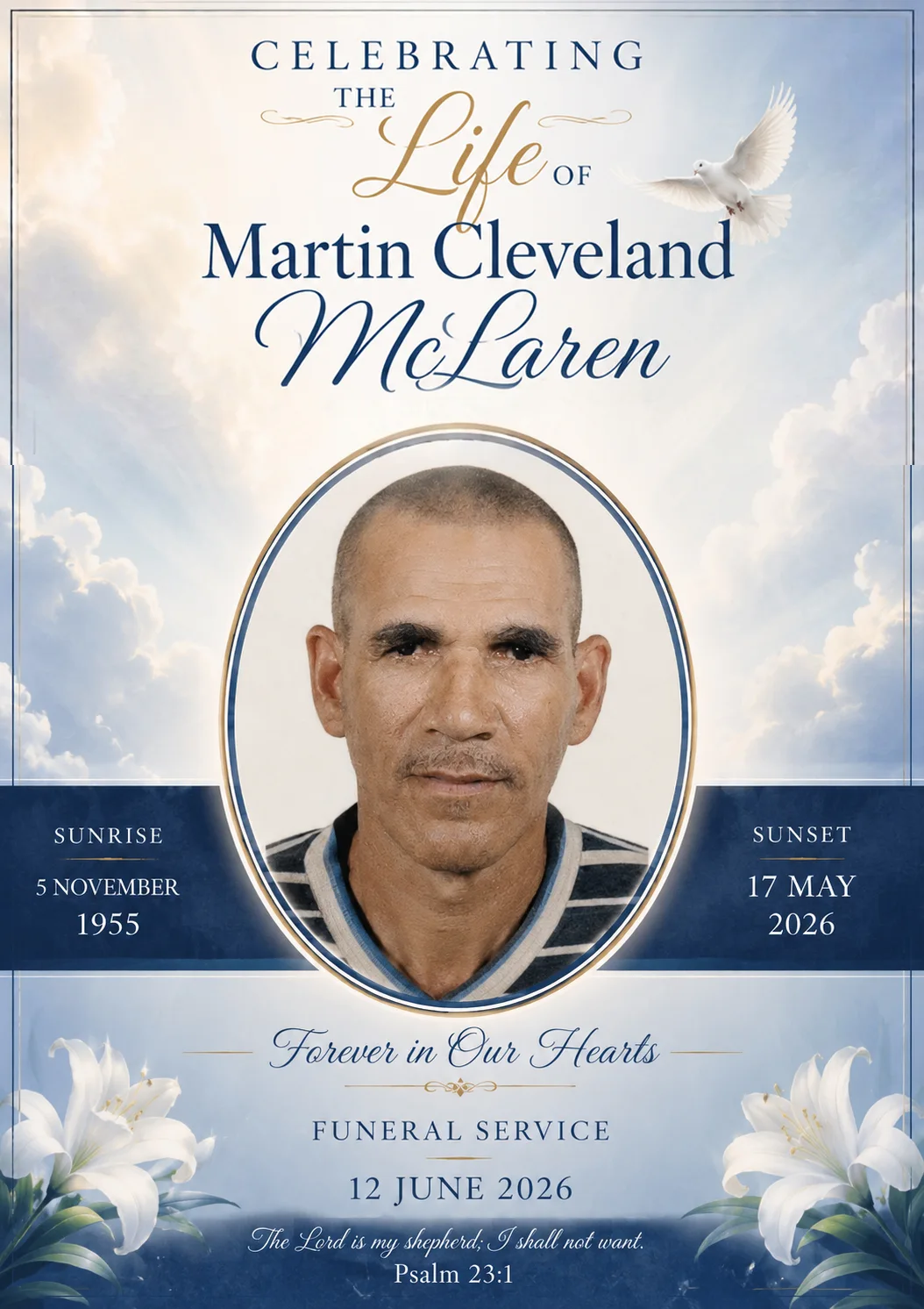 Funeral Welcome Sign with memorial portrait, funeral service details, white lilies and dove
