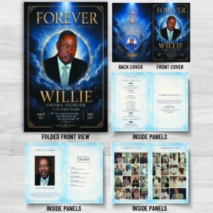 Funeral Program Booklet with blue and gold cover, obituary, Order of Service and memorial photo collage pages