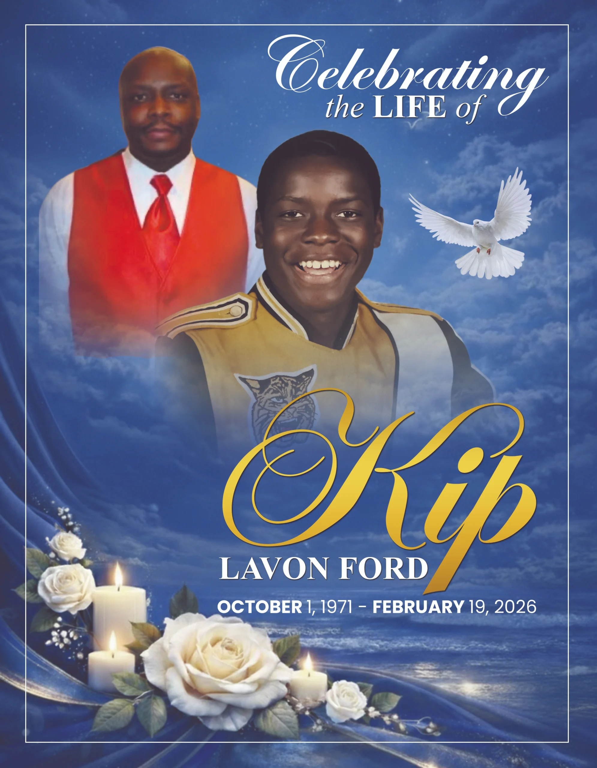 Memorial Photo Board with multiple portraits, blue cloud design, white dove and remembrance dates
