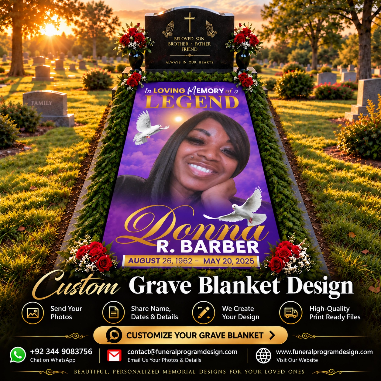 Celebration of Life Grave Cover with personalized memorial portrait, white doves, flowers and remembrance dates